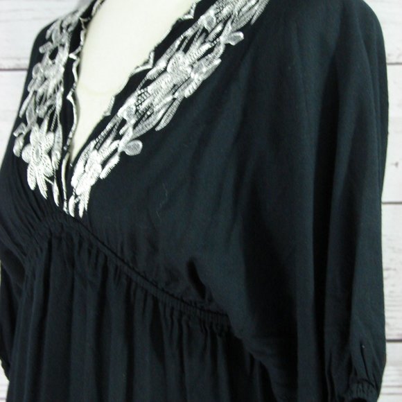 Black W/White Embroidered Floral Dress Tunic Top S - Picture 3 of 15